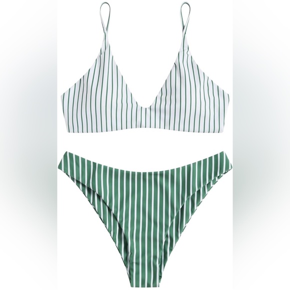 NWT ZAFUL Tie Back Bralette Bikini Set High Cut White Green Stripe XL - Picture 3 of 13